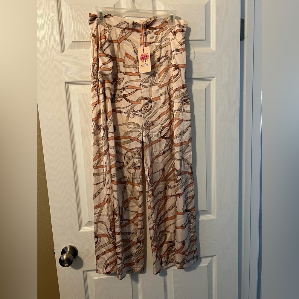 Entro Beige and Brown horse bridle Wide leg pants